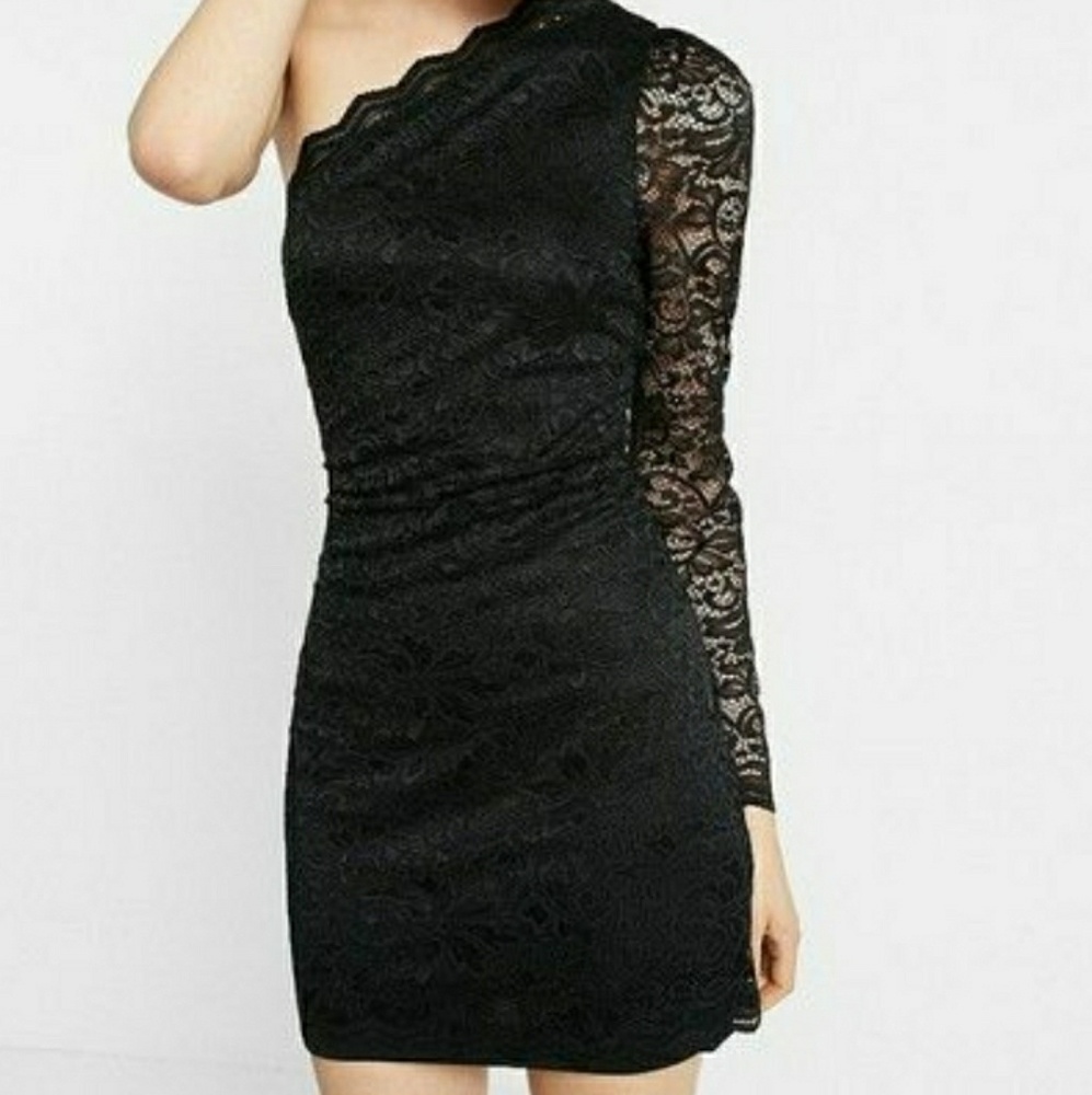 Express asymmetrical black lace sheath dress